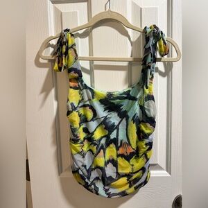 Multicolored mesh layered ruched tank top